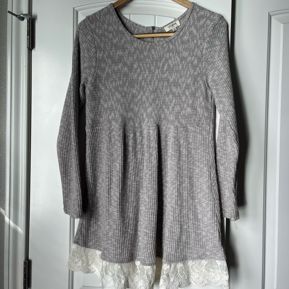 Gray Sweater Dress with Lace Detail